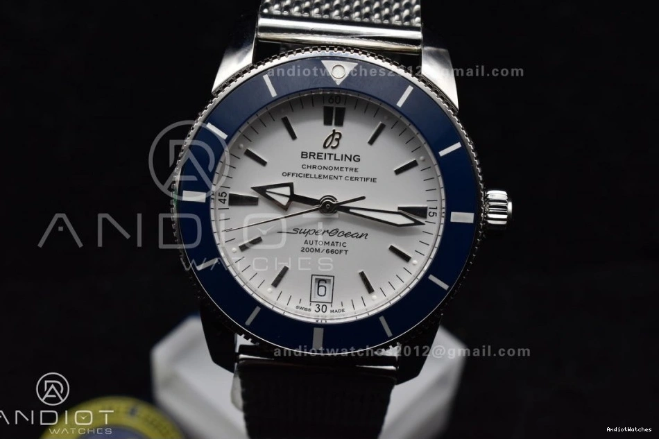 SS Mesh on Blue 42mm II White SS SuperOcean Bezel A BLSF Bracelet Soft Dial 1186 Ceramic Heritage 0715